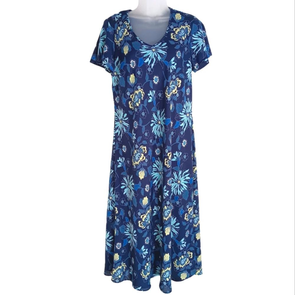 CROFT & BARROW Women’s Blue Floral A-Line Midi Dress Size 14 Casual Lightweight